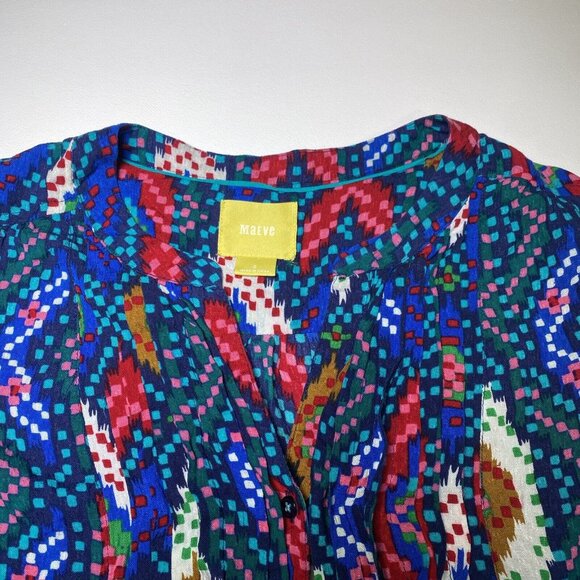 Maeve Anthropologie Topoxte Geometric Ikat Button Front Blouse Shirt Size 0 Blue - Picture 4 of 13